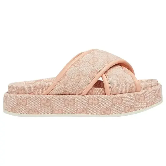Gucci GG Canvas Pink Platform Slides 816798 Women's 38.5 US 8.5 NEW
