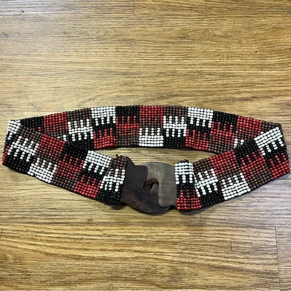 Boho Red Black Beaded Stretch Belt Wide Geometric Southwest Free People Festival