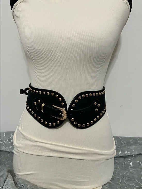 NWT Cato Black Elastic Studded Waist Belt with Gold Buckle 2X/3X