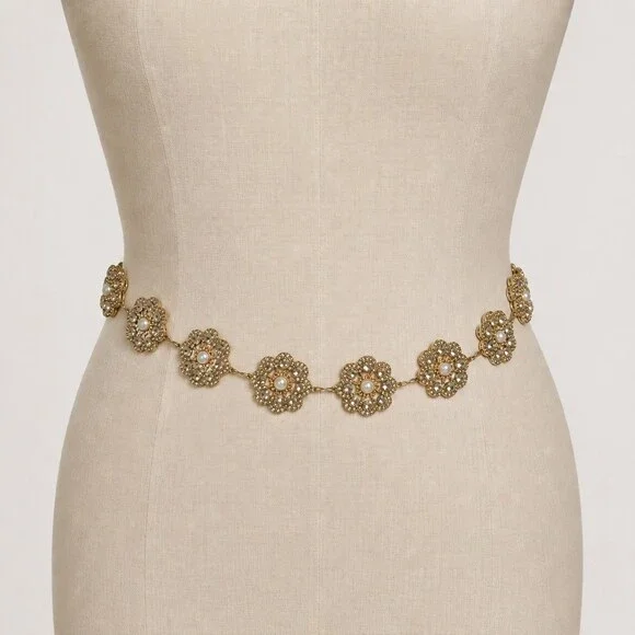 Vintage Crystal Rhinestone Flower Chain Belt Women Gold Bridal Sparkle