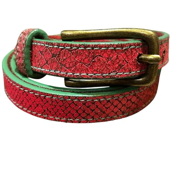 Liebeskind Berlin Coral Green Snake Embossed Leather Belt Brass Gold Buckle