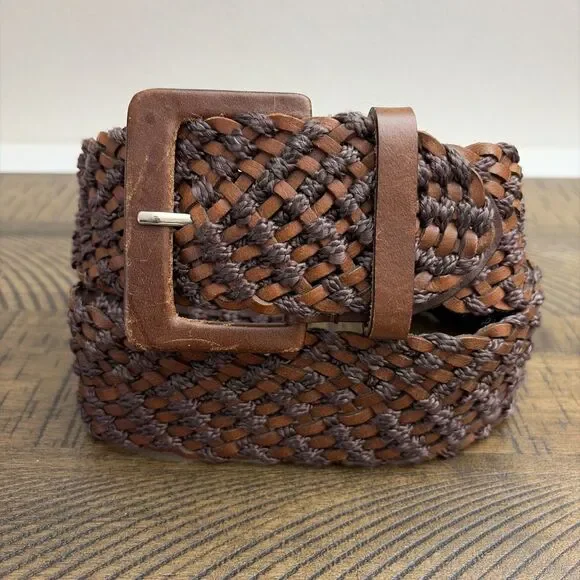 Vintage Woven Leather Cotton Belt Wide Brown Boho Western Women Size S