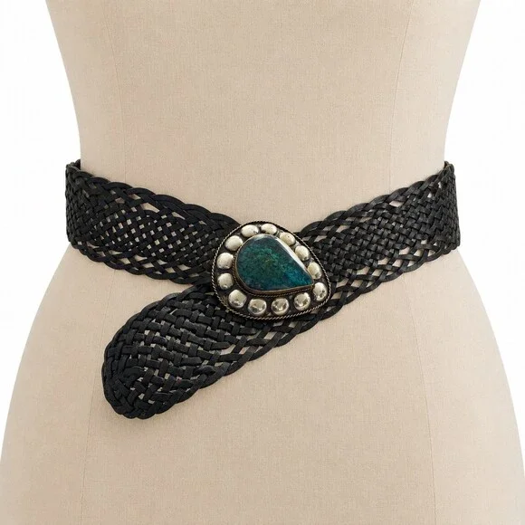 Vintage Black Braided Leather Extra Wide Statement belt Malachite Turquoise