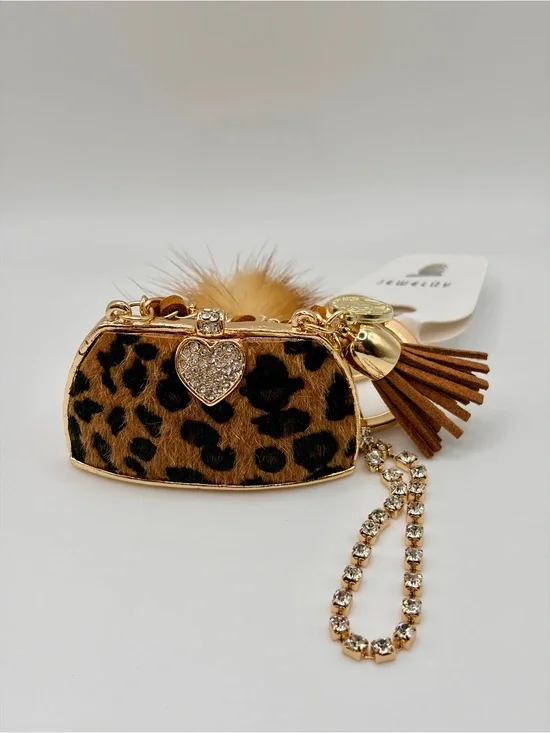 Bougie Leopard Print Purse Keychain with Brown Fur Pom Pom and Tassel