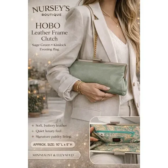 HOBO Leather Frame Clutch Sage Green Kisslock Evening Bag