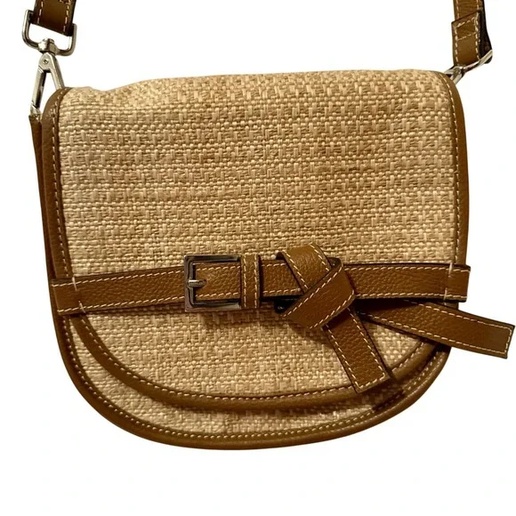 J. Jill Woven Straw Brown Leather‎ Crossbody Saddle Bag Summer Chic Straw Trend