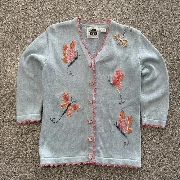 Storybook Knits Sweater Cardigan Womens XS Blue Vintage 90's Butterfly