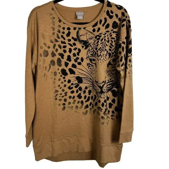 Chico's Zenergy Cheetah Print Head Face Sweater Size 1 or U.S. 8/10 Crew Neck