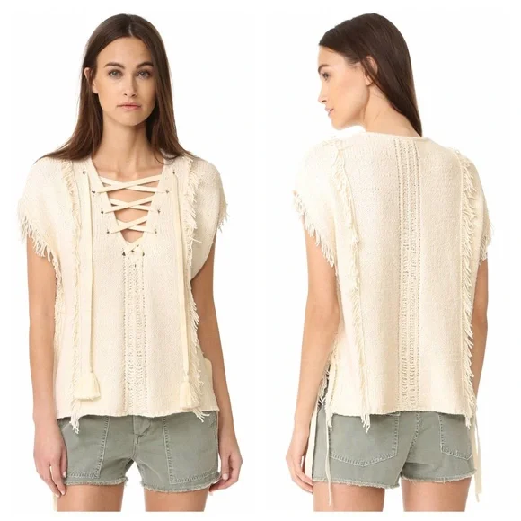 NWT Pam & Gela Fringe Baja Sweater L Lace Up