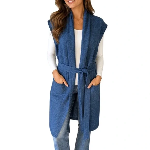Time and Tru Blue Cove Heather Sleeveless Belted Long Cardigan Sweater XL Y2K