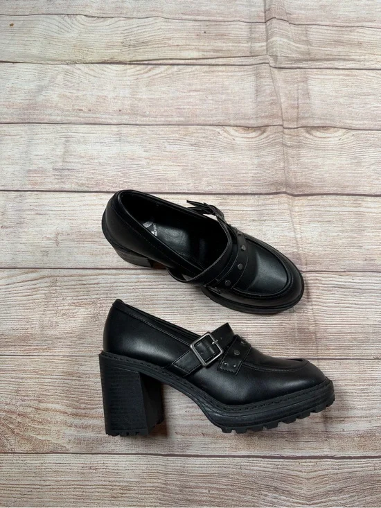 Preppy Academia Classic Black Chunky Heel Lug Sole Loafers with Buckle