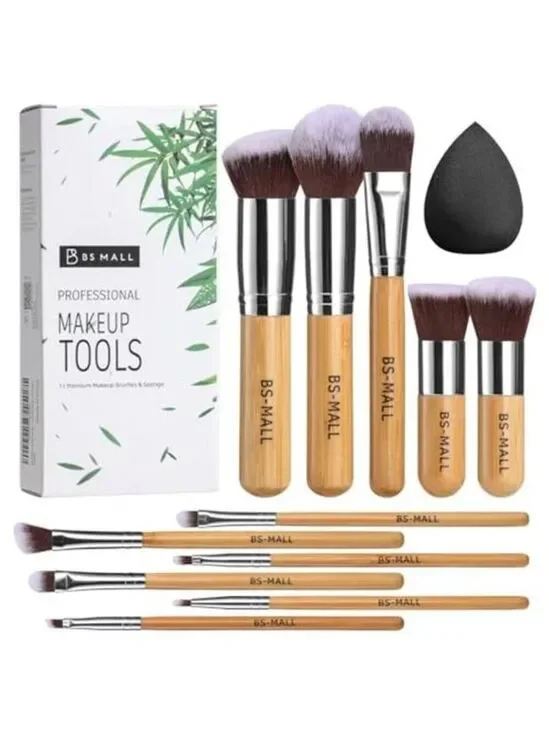 Small Makeup Brush Set 11Pcs Bamboo Synthetic Kabuki Brush Set