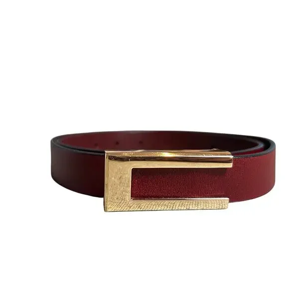 VTG Red Brown Adjustable Leather Belt Brass Buckle Minimalist Retro Western Boho