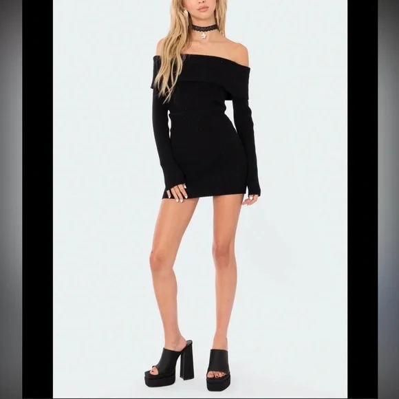 Edikted Black Emma Foldover Off The Shoulder Ribbed Knit Dress Size XS / S