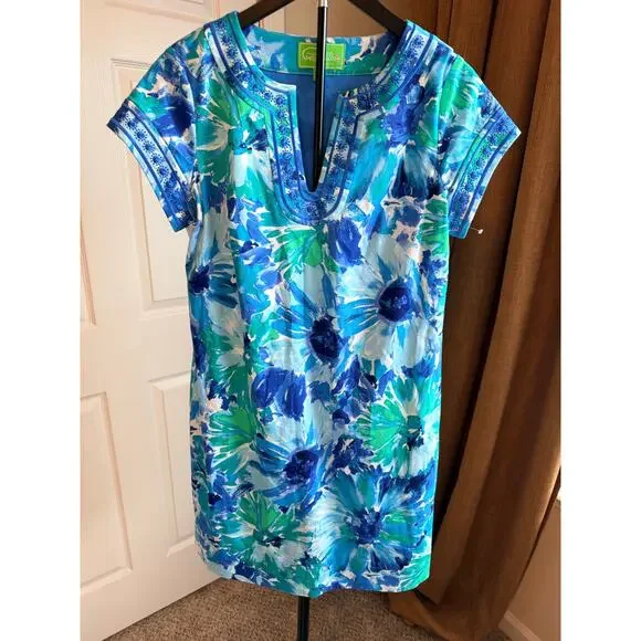 Papagallo blue and green floral V-neck cotton blend dress 8 EUC