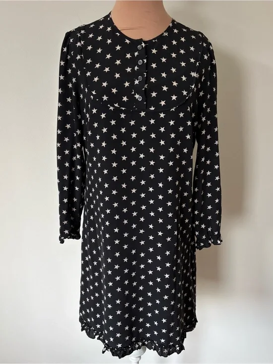 J. Crew Collection Black Silk Star Print Long Sleeve Ruffle Trim Shift Dress 4