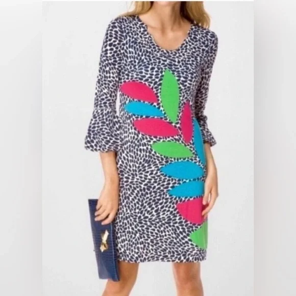 Lilly Pulitzer Angie Shift Dress Navy White Pink Green Leaf Pattern Midi Size M