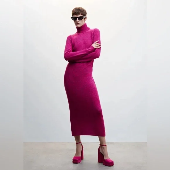 MANGO Hot Pink Turtleneck Maxi Sweater Dress size 2