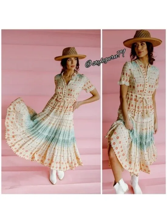 Free People Rare Feeling Pleated Maxi Dress Cloud Combo XS NWT Boho Floral Ruffl