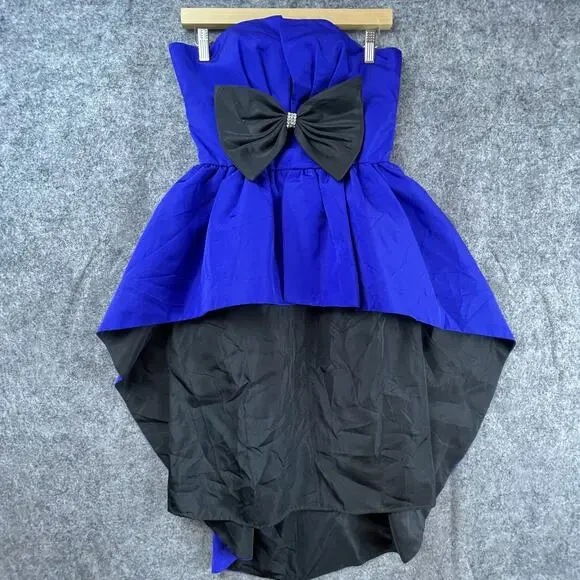 VTG Darcy 80s Peplum Cocktail Party Dress Small Blue‎ Black Bow Glam Statement