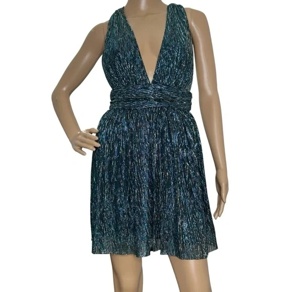 Lulus Metallic Stripe Twist Back Cocktail Dress In Gold/ Teal Small