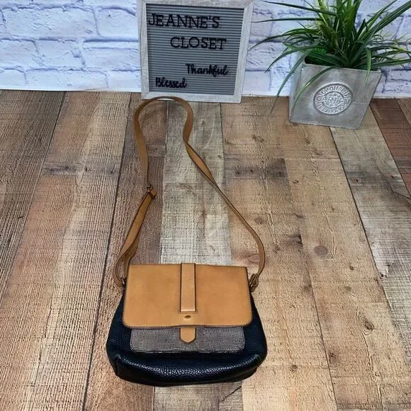 FOSSIL Leather Brown Black Abstract Crossbody Bag