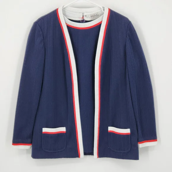 Iconic Wolf Brothers Of Florida Blue Cardigan Red White Stripes Pockets Size 14