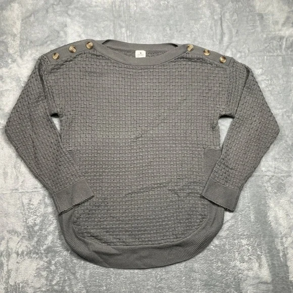 Dressbarn Sweater Womens Medium Gray Button Shoulder Basketweave Knit Pullover