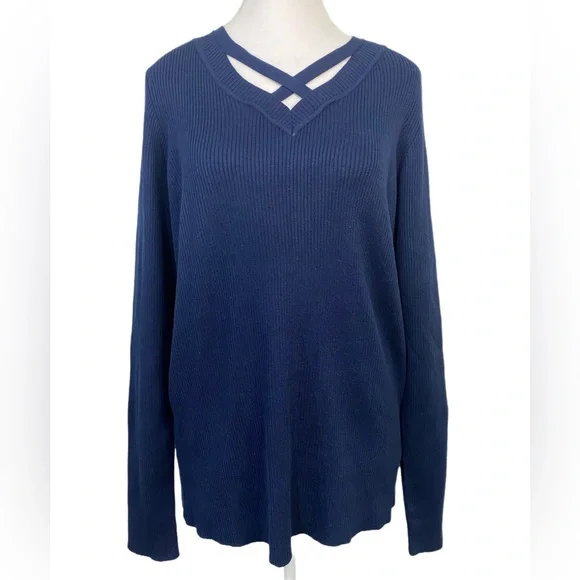 Kim Rogers Ribbed Sweater Criss Cross V-Neck Women’s XL Navy Long Sleeve Career