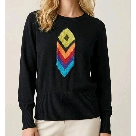 Silk & Cotton Lightweight Sweater LG Knit Chevron Crocheted Rainbow Pride Black