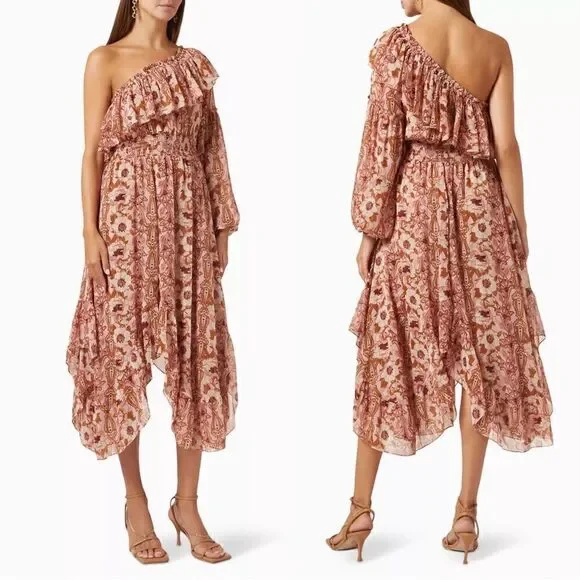 Misa Los Angeles Rumi One Shoulder Floral Asymmetrical Dress Size L