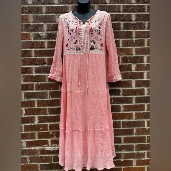 Veveret Embroidered Bohemian Sz L Cottage Prairie Flowy Long Floral Orange Dress