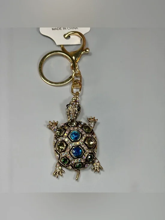 Sparkling Gold Turtle Keychain with Blue & Green Stones