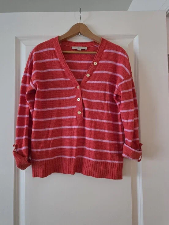 Preppy Striped Summer Sweater 3/4 Sleeve Button Front Womens XS Loft Pink Orange