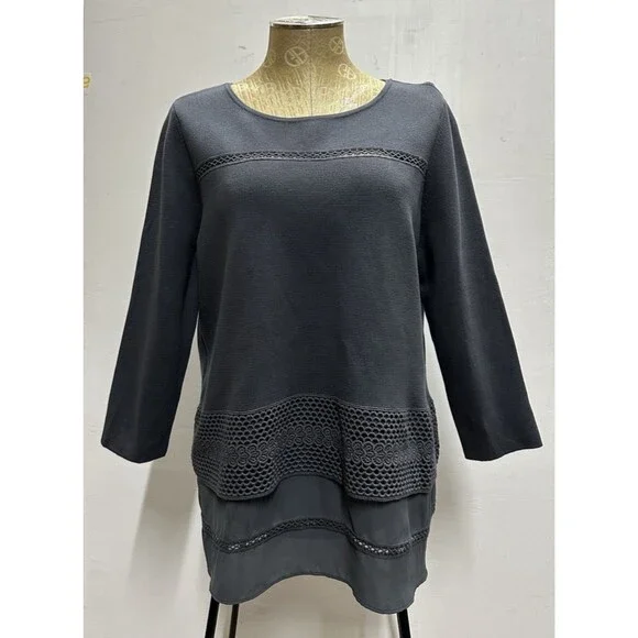 Ann Taylor women size large gray cotton  sweater with embellished trim   new