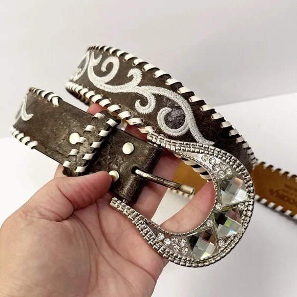 Nocona Brown and Silver Women's Belt with Crystal Buckle large like new