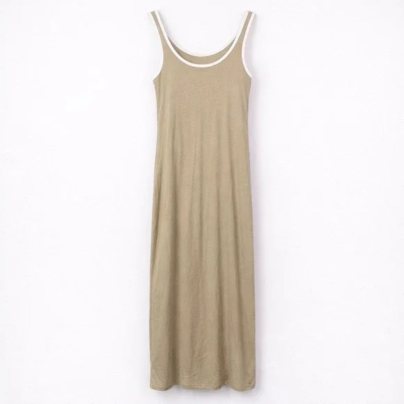 A New Day Womens XS Tan Cream Ribbed Ringer Maxi Dress Sleeveless Scoop Neck NEW