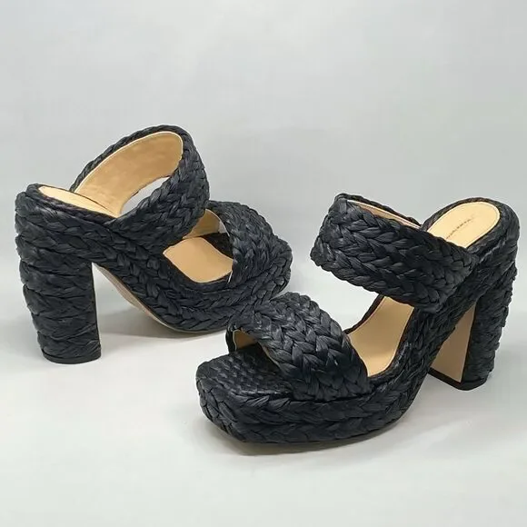 Bottega Veneta Trinity Weave Black Raffia Platform Sandals size 38