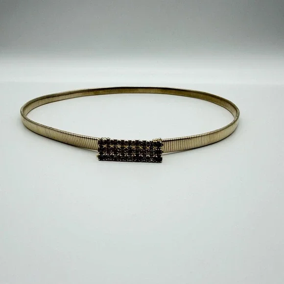 Vintage Gold Tone Snake Chain Stretch Belt Rhinestone Buckle Skinny Waist Belt