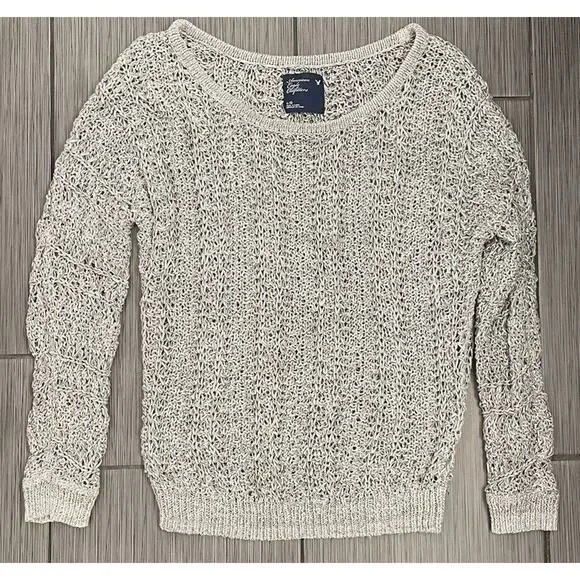 American Eagle Womens Heathered Gray Long Sleeve Open Knit Sweater Size Large