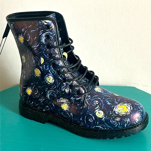New Starry Night Inspired Print Lace-Up Vegan Leather Combat Boots