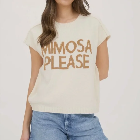 Mimosa Please Short Sleeve Pullover Sweater | Cream & Gold | Size Small