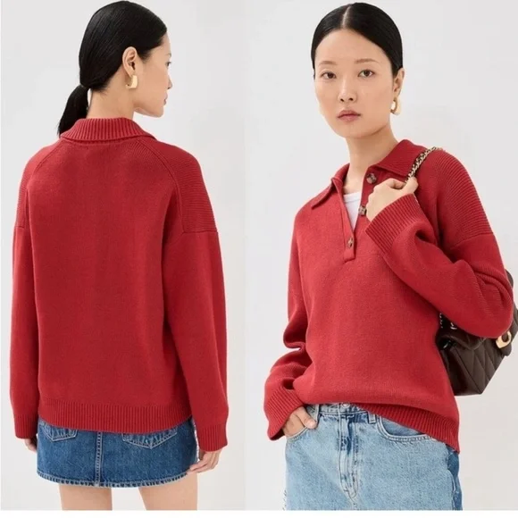 NWT! Reformation Brooklyn Sundried Tomato Red Cotton Polo Henley Sweater