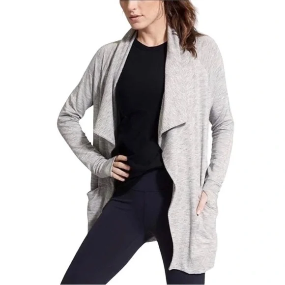 Athleta Studio Wrap Open Cardigan Waterfall Heathered Gray‎ Women’s Sz Large