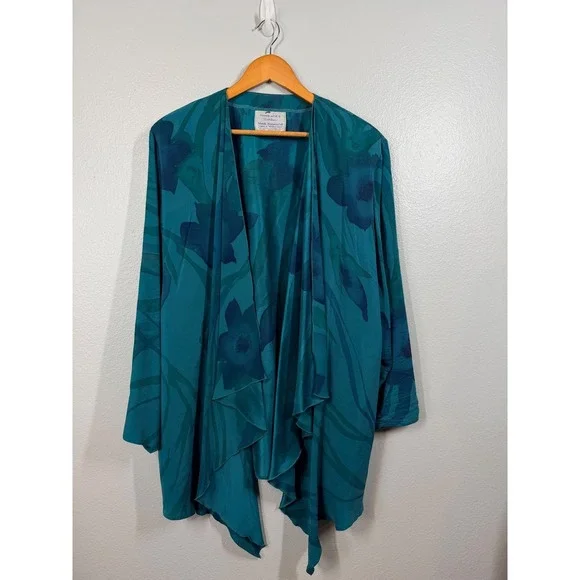 Silk Art to Wear Hand Painted Kimono OS Teal Blackfish Studio Widbey Open Floral