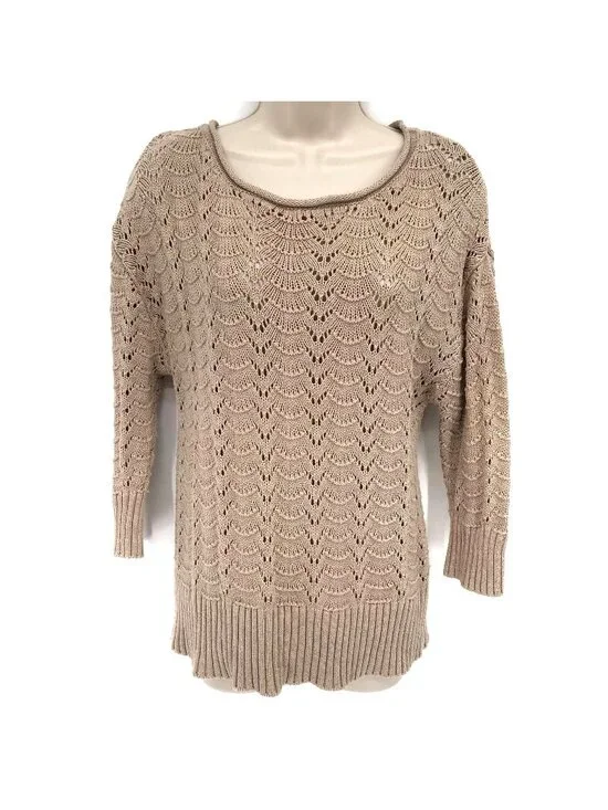 Sonoma Life + Style Beige Open-Knit 100% Cotton Sweater Womens L Long Sleeve
