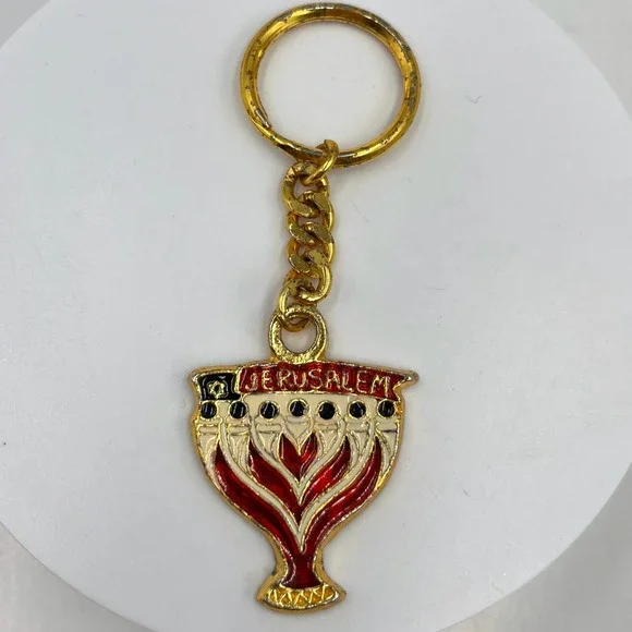 VTG Jerusalem‎ Menorah Keychain Red Enamel Gold Tone Judaica Souvenir Key Ring