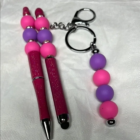 Pink and Purple Beaded Pen ,Stylus , Keychain Set