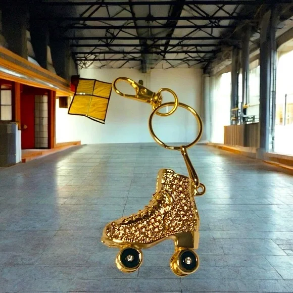 Roller Skate Golden Articulating Rhinestone Encrusted Keychain, Toggle Clasp