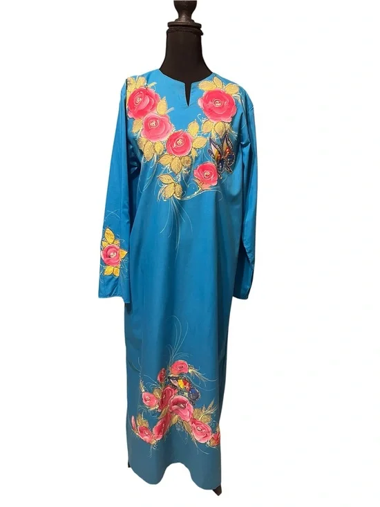 Blue Floral Hand Painted Caftan Size XL NWOT